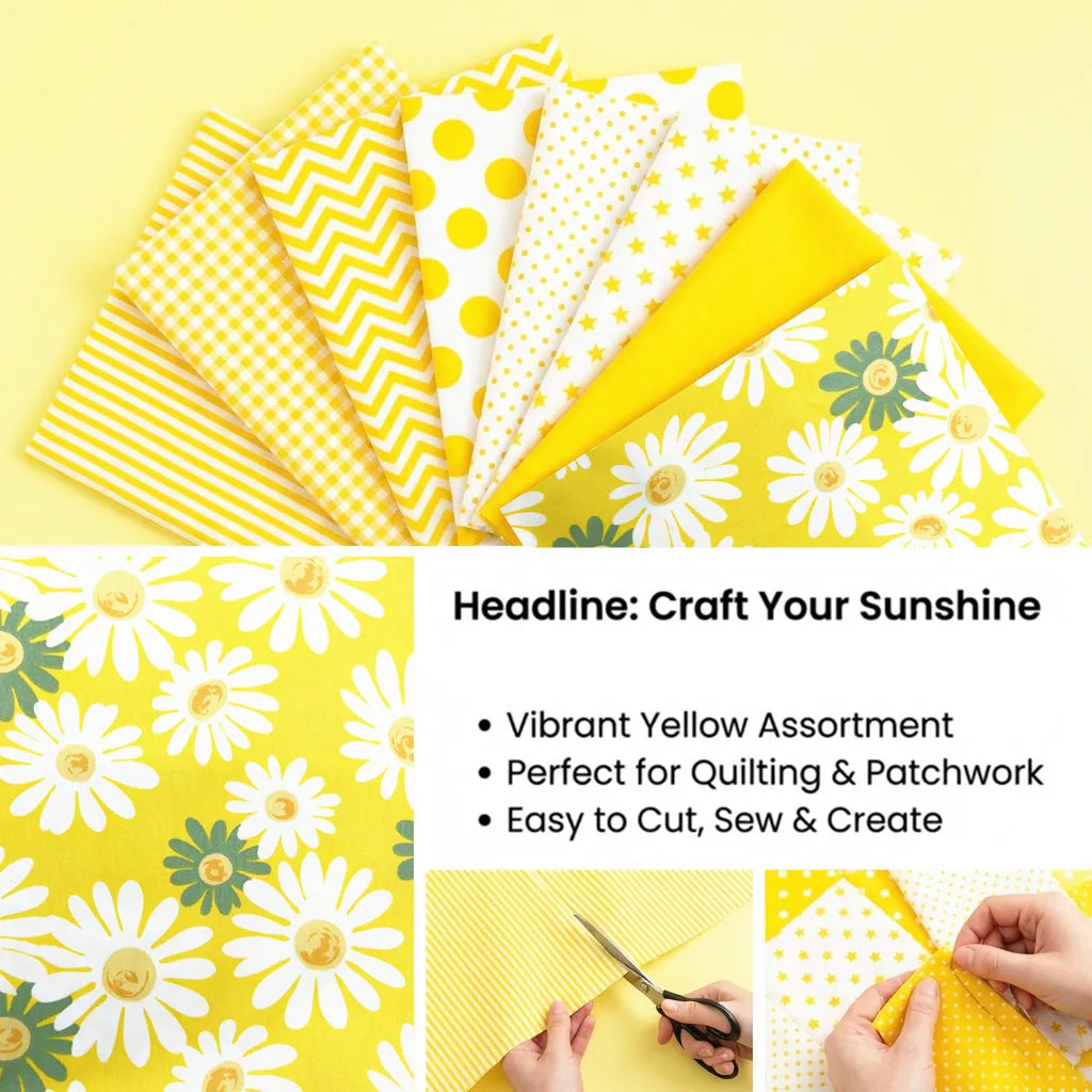 8pcs Yellow Floral Cotton Fabric Bundle; PreCut Fabric; Sewing Supplies