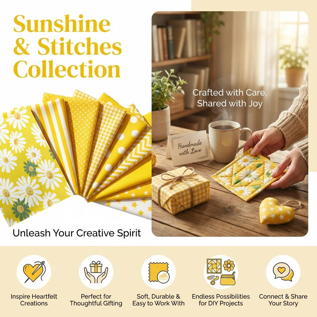 8pcs Yellow Floral Cotton Fabric Bundle; PreCut Fabric; Sewing Supplies