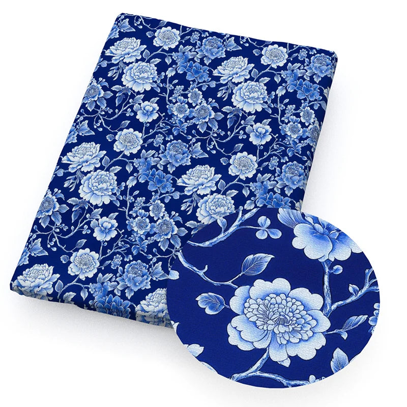 Blue White Porcelain Printed Fabric. Per Meter Sewing Material