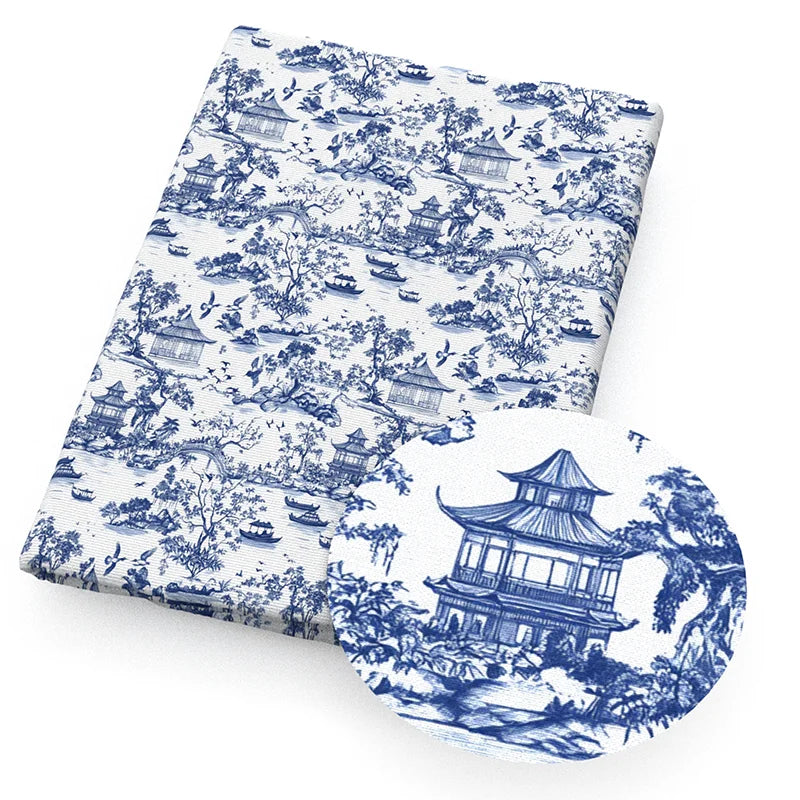 Blue White Porcelain Printed Fabric. Per Meter Sewing Material