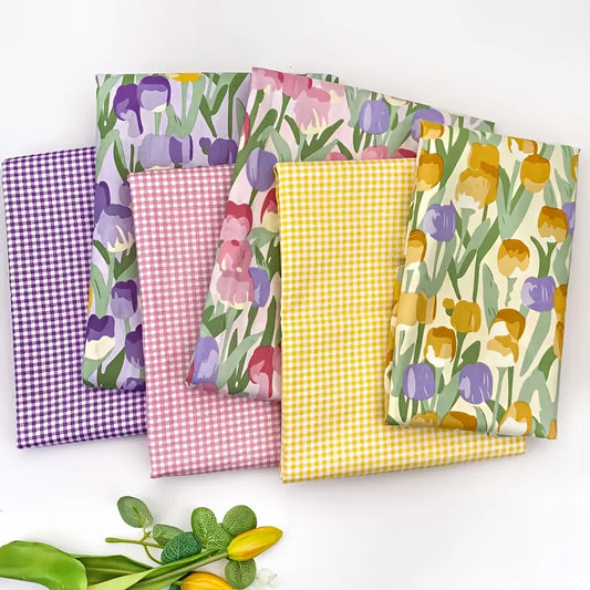 6pcs Multi-Color Cotton Tulip Check Fabric | Precut for DIY Quilting Handicrafts