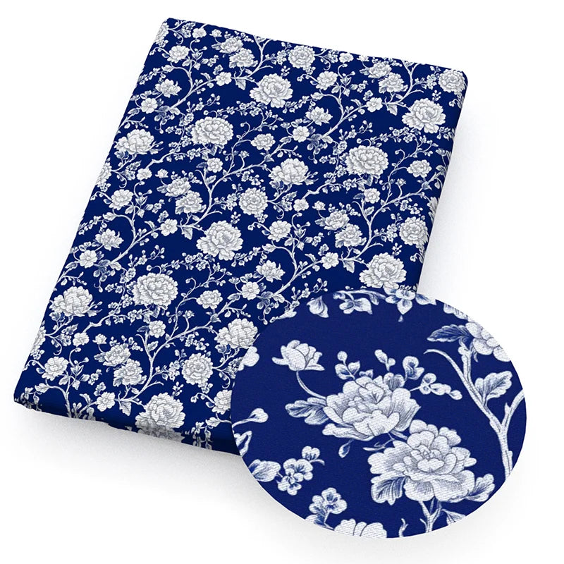 Blue White Porcelain Printed Fabric. Per Meter Sewing Material
