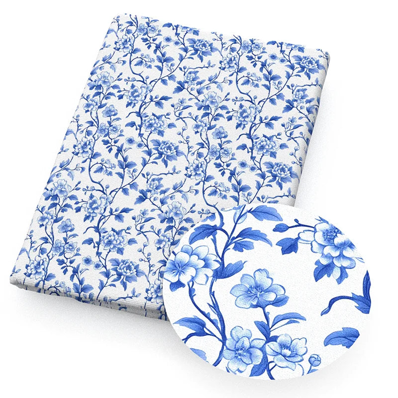 Blue White Porcelain Printed Fabric. Per Meter Sewing Material