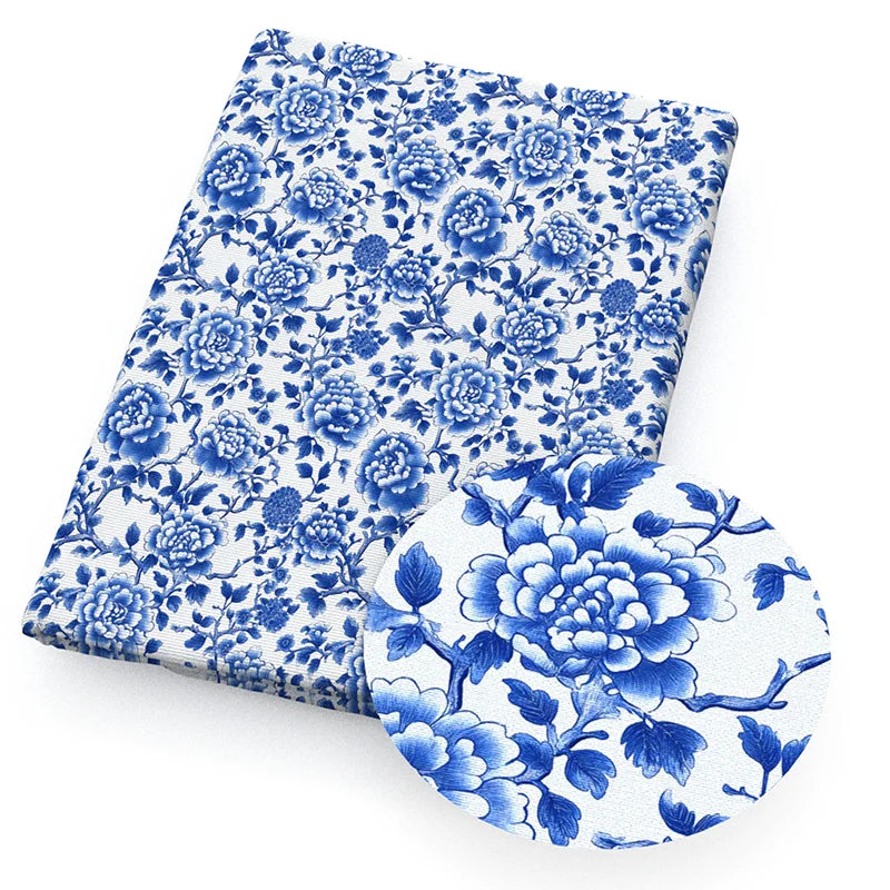 Blue White Porcelain Printed Fabric. Per Meter Sewing Material