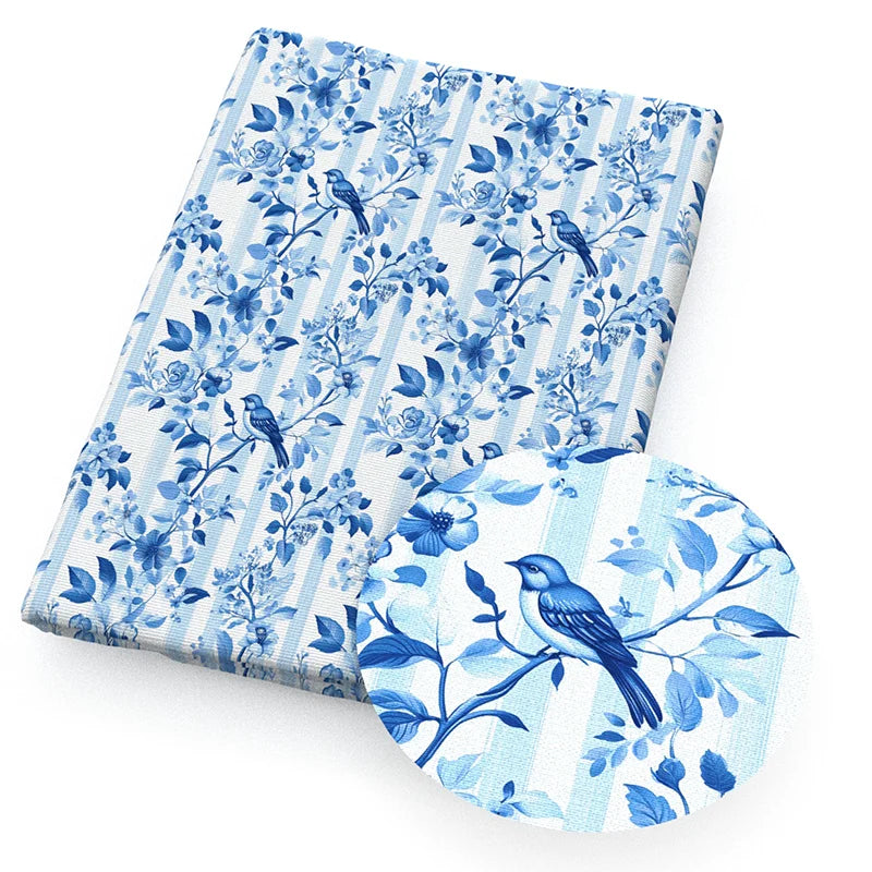 Blue White Porcelain Printed Fabric. Per Meter Sewing Material