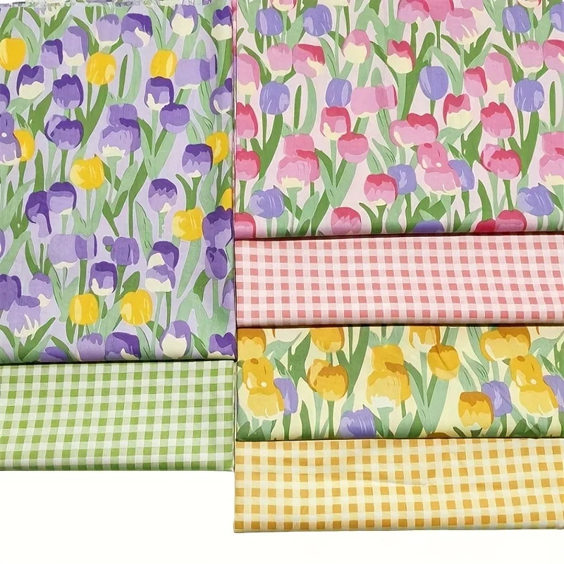 6pcs Multi-Color Cotton Tulip Check Fabric | Precut for DIY Quilting Handicrafts
