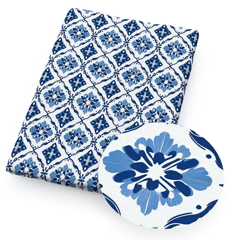 Blue White Porcelain Printed Fabric. Per Meter Sewing Material
