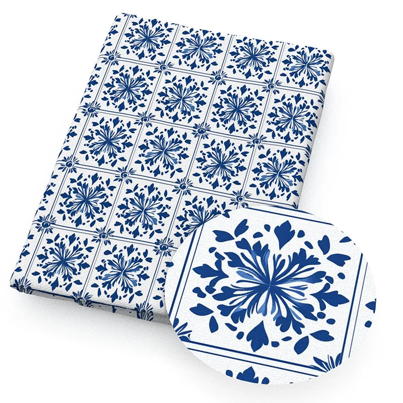 Blue White Porcelain Printed Fabric. Per Meter Sewing Material